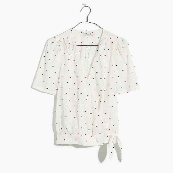 Madewell Short-Sleeve Wrap Top in Clipdot white blue red dot blouse - Picture 4 of 11